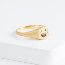 Load image into Gallery viewer, Small happy face signet ring with sparkly cheeks (18K Yellow Gold)