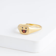 Load image into Gallery viewer, Small happy face signet ring with sparkly cheeks (18K Yellow Gold)