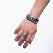 Load image into Gallery viewer, Oxidized silver feather cuff bracelet