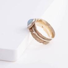 Load image into Gallery viewer, Gold large infinity feather ring with Ethiopian opal