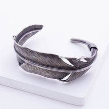 Load image into Gallery viewer, Oxidized silver feather cuff bracelet