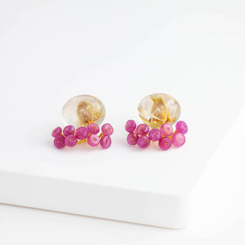 Fairy oval rutilated quartz and pink sapphire earrings