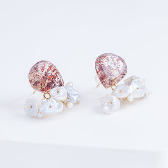 Fairy pear lepidocrocite in quartz and mixed pearl earrings