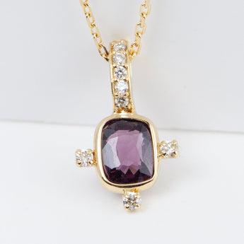 Tiny burgundy rectangular spinel and diamond necklace (with diamond bail)