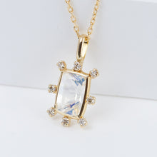 Load image into Gallery viewer, Tiny rectangular rainbow moonstone and diamond necklace
