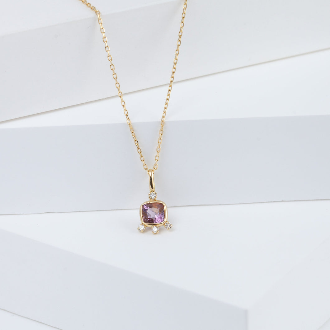 Tiny purple square spinel and diamond necklace