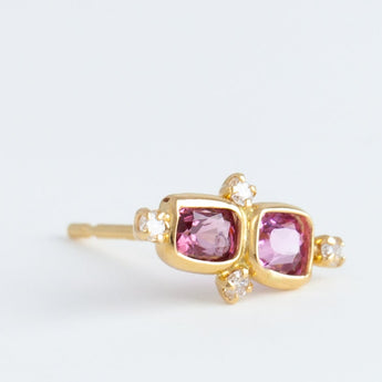 Tiny pink and burgundy spinel and diamond earring
