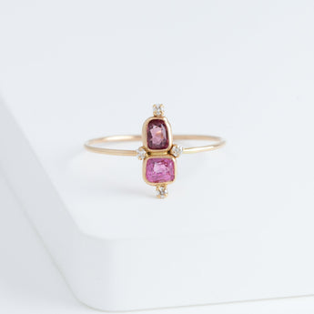 Tiny pink and burgundy spinel and diamond ring