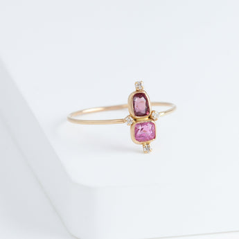 Tiny pink and burgundy spinel and diamond ring