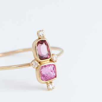 Tiny pink and burgundy spinel and diamond ring