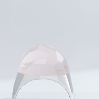 Mini rock faceted round rose quartz ring - silver