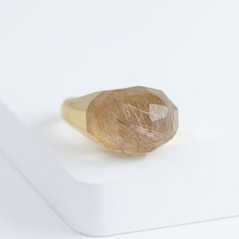 Mini rock faceted round rutilated quartz ring