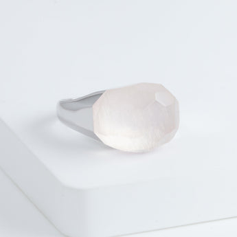 Mini rock faceted round rose quartz ring - silver