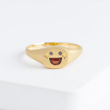 Load image into Gallery viewer, Small happy face signet ring with sparkly cheeks (18K Yellow Gold)
