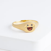 Load image into Gallery viewer, Small happy face signet ring with sparkly cheeks (18K Yellow Gold)
