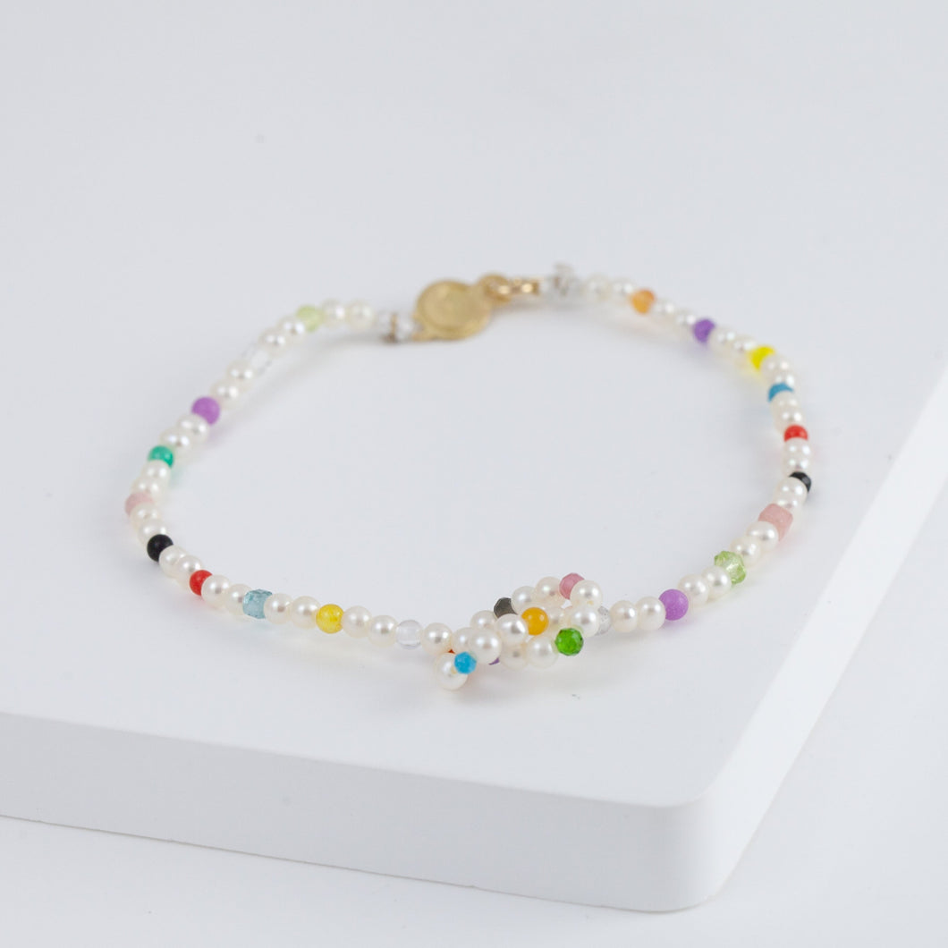 Moon charm pearl and colorful gemstones beads bracelet