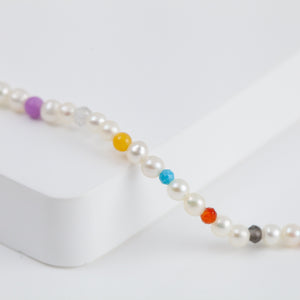 Moon charm pearl and colorful gemstones beads bracelet