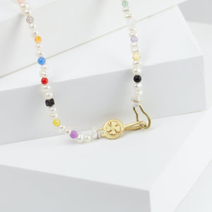 Clover charm pearl and colorful gemstones beads necklace (65cm)