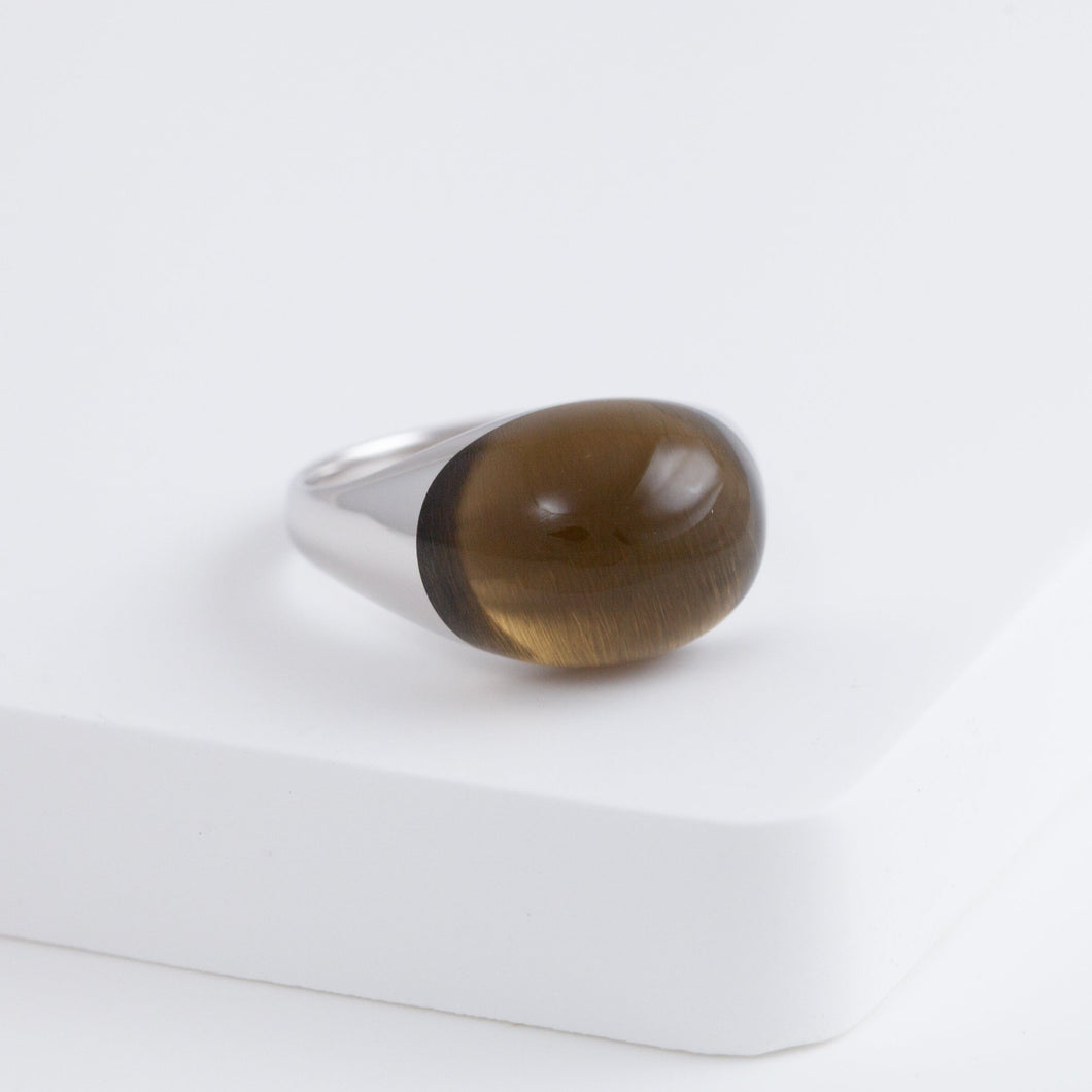 Mini rock round smoky quartz ring - silver