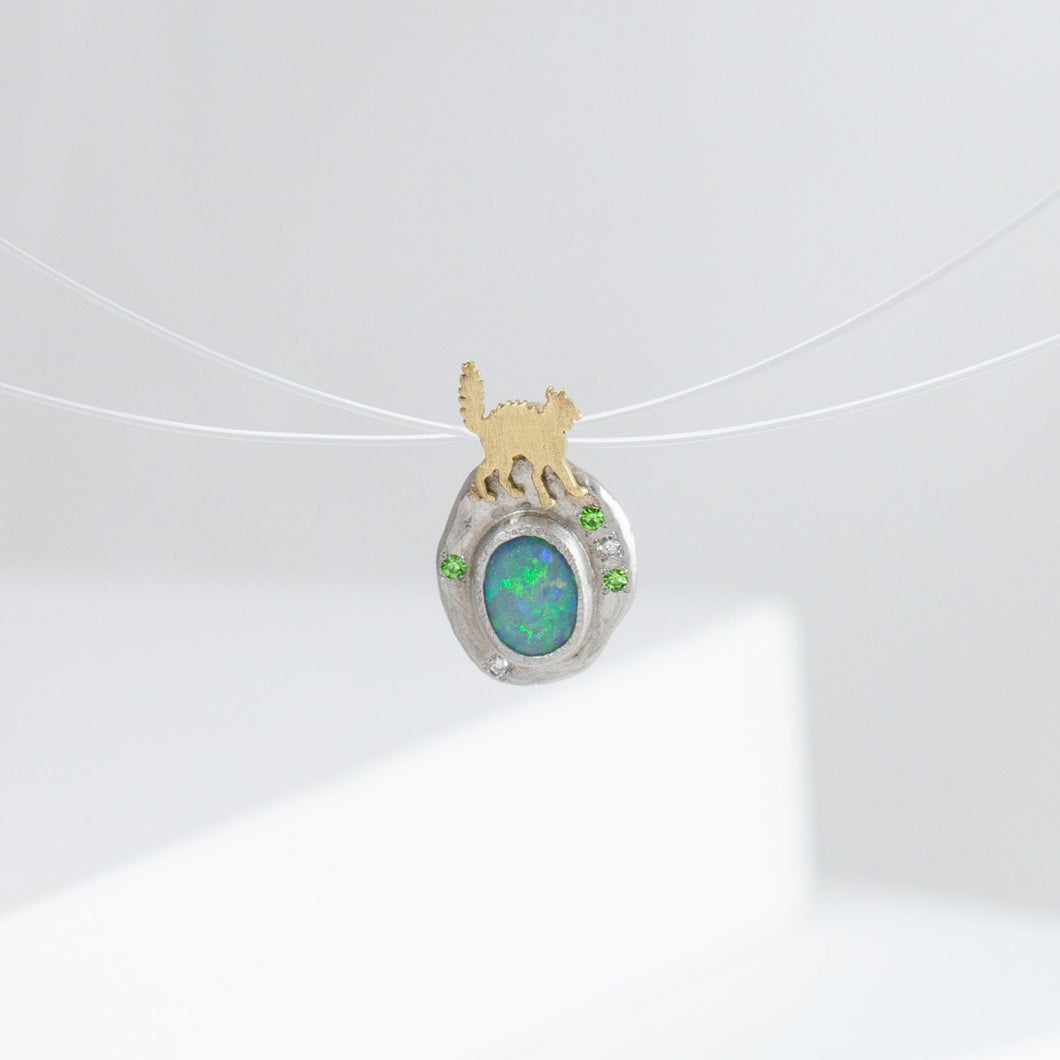 One-of-a-kind angry cat opal pendant