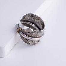 Load image into Gallery viewer, Oxidized silver large feather ring with logo
