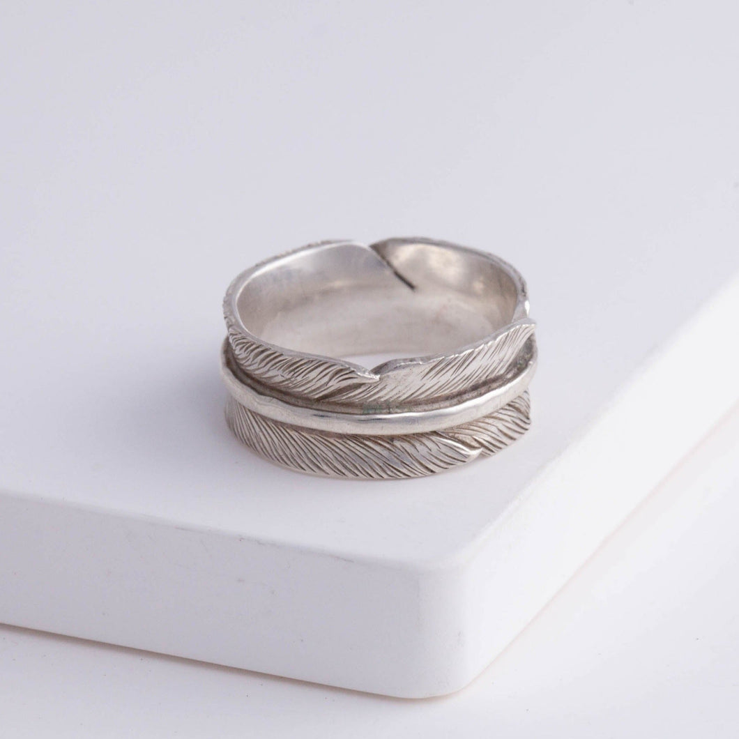 Silver large infinity feather ring