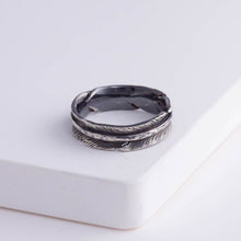 Load image into Gallery viewer, Oxidized silver infinity feather ring
