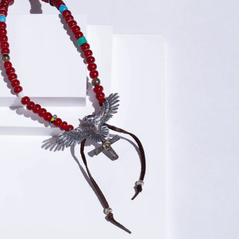 Medium mokume eagle necklace with cross pendent and trade beads
