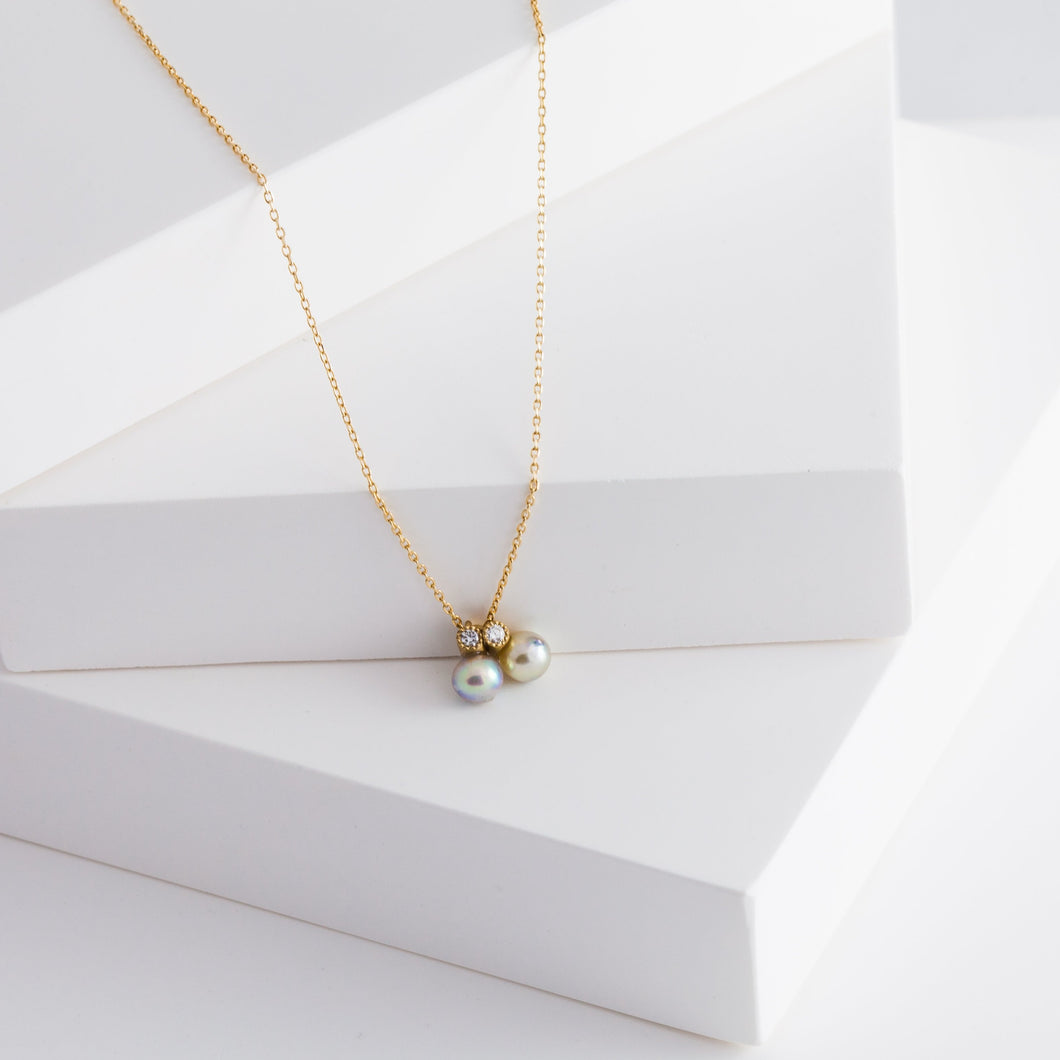 Baby Akoya pearl double pearl diamond necklace - Kolekto 